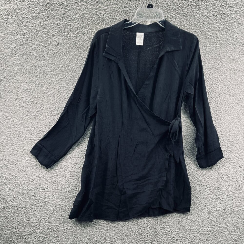 Time And Tru Womens Top Medium 8/10 Black Wrap Shirt 3/4 Sleeve Tie Waist Blouse